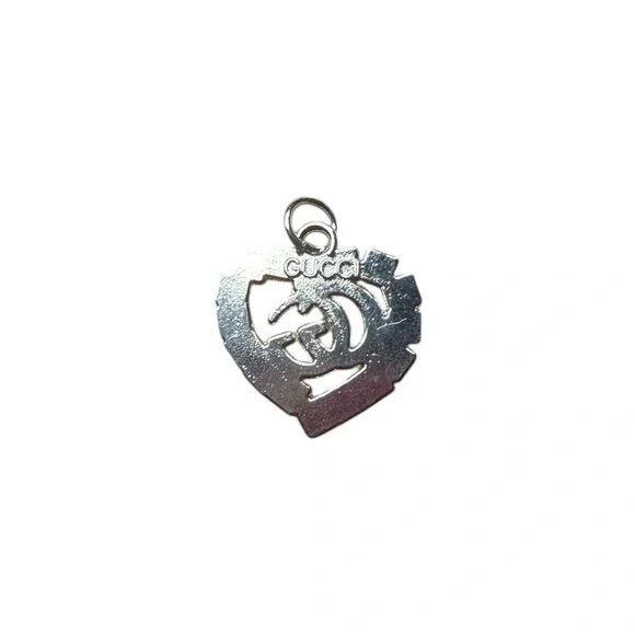 Gucci Silver Heart Zipper Pull Charm with Logo and Clear Stones